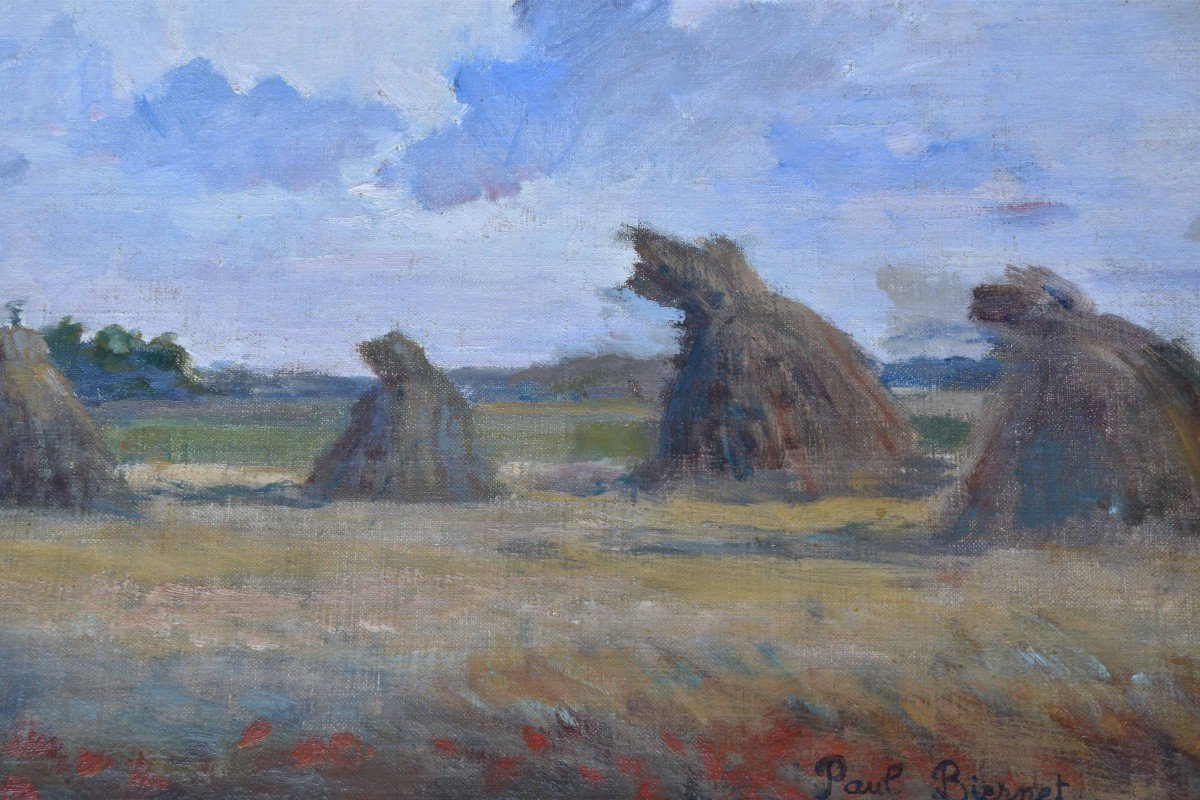 Paul Biernet "landscape With Haystacks" Oil On Canvas 35x63-photo-1